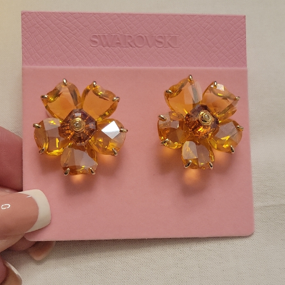 Swarovski Golden Amber Crystal Flower Stud Earrings Box Included - Picture 5 of 7